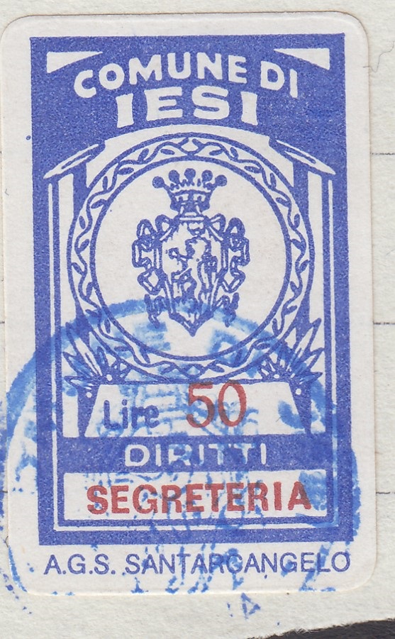 Marca da Bollo del Comune di JESI su Carta Bianca di dimensioni 18,5 x 30 mm
