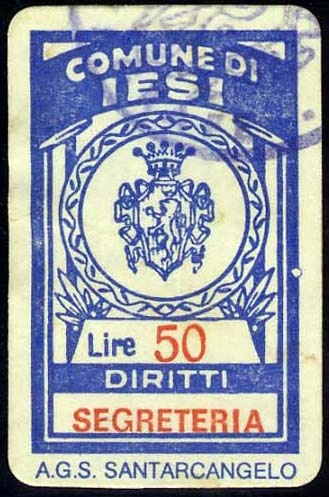 Marca da Bollo del Comune di JESI su Carta Bianca di dimensioni 17 x 29 mm