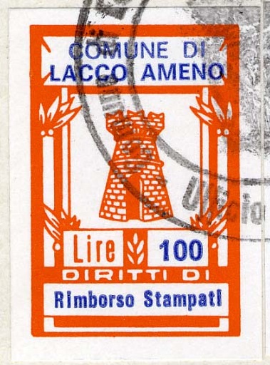 Marca da Bollo del Comune di LACCO AMENO su Carta Bianca di dimensioni 20,5 x 30,5 mm