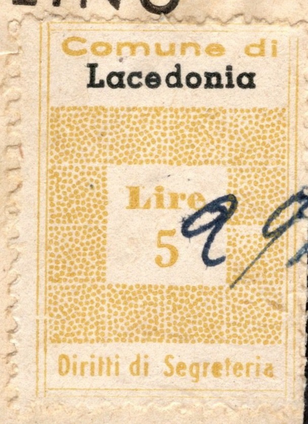 Marca da Bollo del Comune di LACEDONIA su Carta Bianca di dimensioni 22,5 x 29 mm