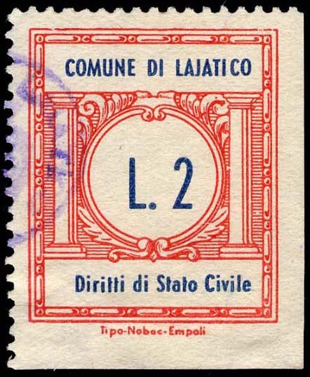 Marca da Bollo del Comune di LAJATICO su Carta Bianca di dimensioni 24 x 29 mm