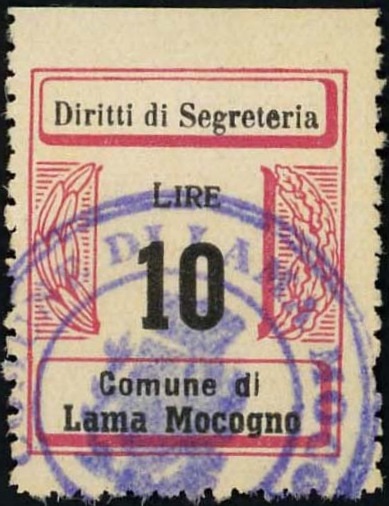 Marca da Bollo del Comune di LAMA MOCOGNO su Carta Bianca di dimensioni 21 x 26,5 mm