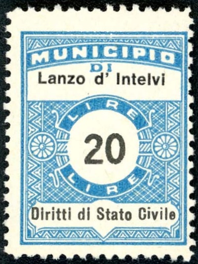 Marca da Bollo del Comune di LANZO D´INTELVI su Carta Bianca di dimensioni 22,5 x 29 mm