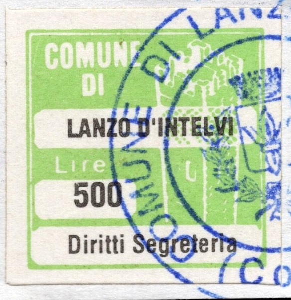 Marca da Bollo del Comune di LANZO D´INTELVI su Carta Bianca di dimensioni 20 x 20 mm