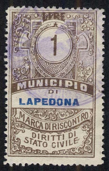 Marca da Bollo del Comune di LAPEDONA su Carta Bianca di dimensioni 26 x 43,5 mm