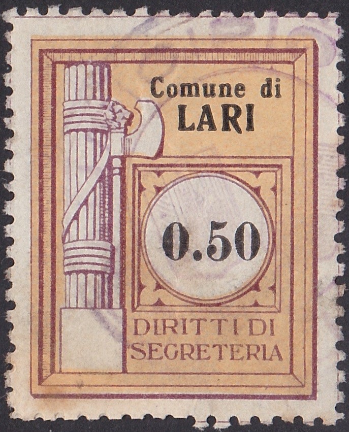 Marca da Bollo del Comune di LARI su Carta Bianca di dimensioni 24 x 30 mm