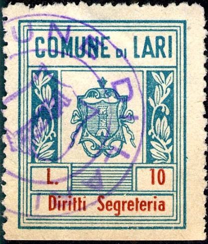 Marca da Bollo del Comune di LARI su Carta Bianca di dimensioni 23,5 x 29,5 mm