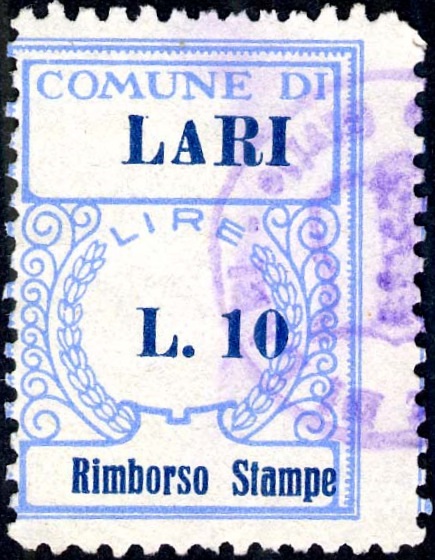 Marca da Bollo del Comune di LARI su Carta Bianca di dimensioni 24 x 31,5 mm