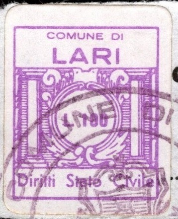 Marca da Bollo del Comune di LARI su Carta Bianca di dimensioni 14 x 16,5 mm