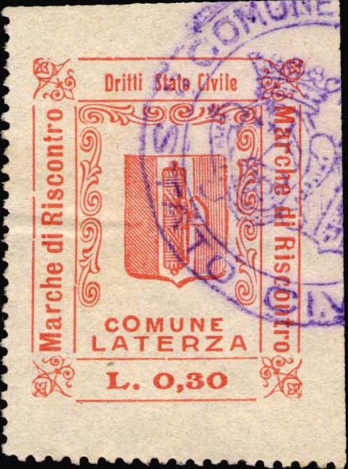 Marca da Bollo del Comune di LATERZA su Carta Bianca di dimensioni 26,5 x 34 mm