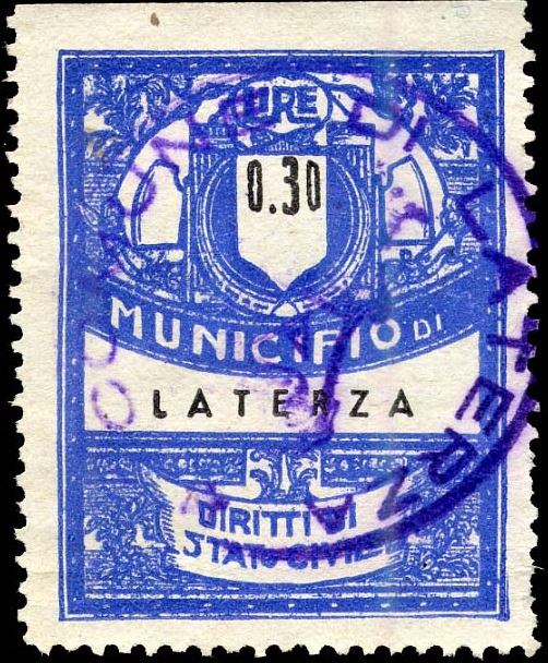 Marca da Bollo del Comune di LATERZA su Carta Bianca di dimensioni 30 x 37 mm