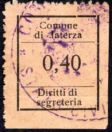 Marca da Bollo del Comune di LATERZA su Carta Bianca Sottile di dimensioni 21 X 27 mm