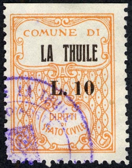 Marca da Bollo del Comune di LA THUILE su Carta Bianca di dimensioni 23,5 x 31,5 mm