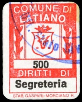 Marca da Bollo del Comune di LATIANO su Carta Bianca di dimensioni 14,5 x 20 mm