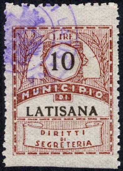 Marca da Bollo del Comune di LATISANA su Carta Bianca di dimensioni 22,5 x 29 mm