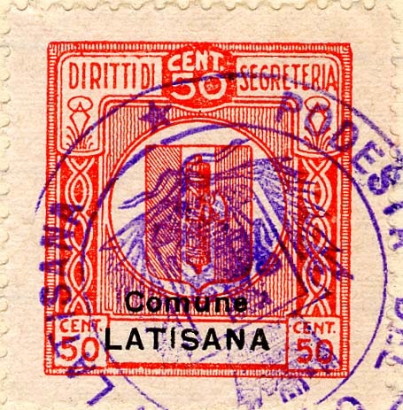 Marca da Bollo del Comune di LATISANA su Carta Bianca di dimensioni mm