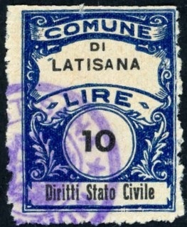 Marca da Bollo del Comune di LATISANA su Carta Bianca di dimensioni 22,5 x 29 mm