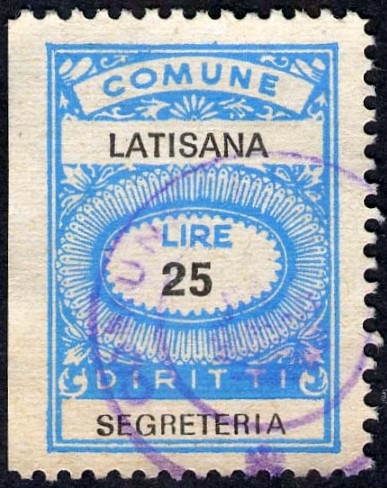 Marca da Bollo del Comune di LATISANA su Carta Bianca di dimensioni 20 x 28 mm