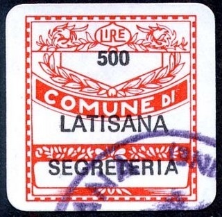 Marca da Bollo del Comune di LATISANA su Carta Bianca di dimensioni 19 x 21 mm