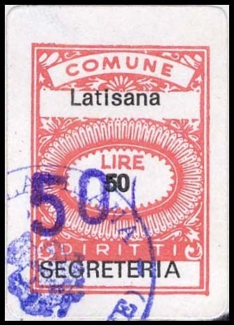 Marca da Bollo del Comune di LATISANA su Carta Bianca di dimensioni 12 x 23,5 mm