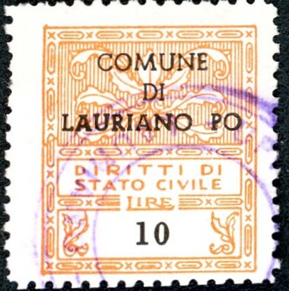 Marca da Bollo del Comune di LAURIANO PO su Carta Bianca di dimensioni 21 x 24 mm