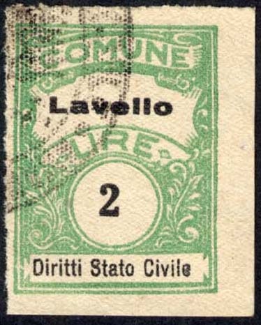 Marca da Bollo del Comune di LAVELLO su Carta Bianca Sottile di dimensioni 22,5 x 29 mm