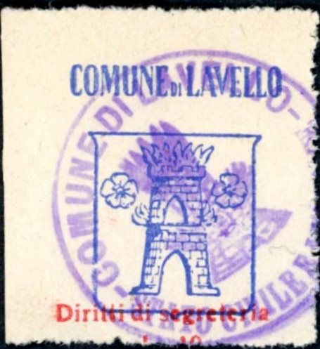 Marca da Bollo del Comune di LAVELLO su Carta Bianca di dimensioni 20 x 31 mm
