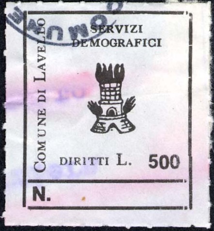 Marca da Bollo del Comune di LAVELLO su Carta Bianca di dimensioni 20 x 31 mm