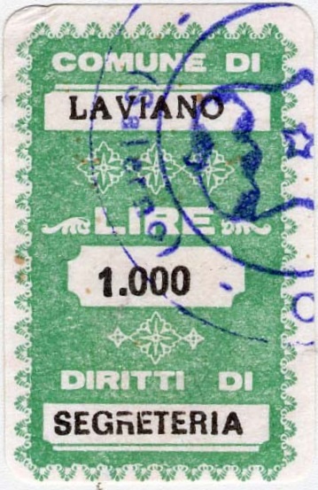 Marca da Bollo del Comune di LAVIANO su Carta Bianca di dimensioni 20 x 32 mm