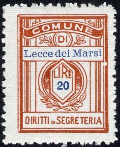 Marca da Bollo del Comune di LECCE NEI MARSI su Carta Bianca di dimensioni 21 x 27,5 mm