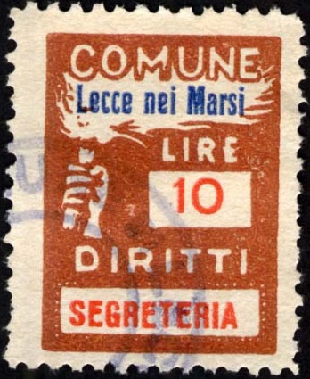 Marca da Bollo del Comune di LECCE NEI MARSI su Carta Bianca di dimensioni 18,5 x 26 mm