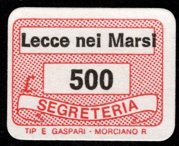 Marca da Bollo del Comune di LECCE NEI MARSI su Carta Bianca di dimensioni 19 x 14 mm