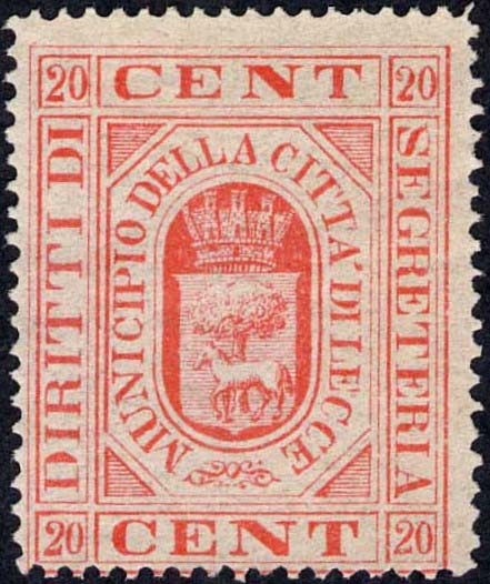 Marca da Bollo del Comune di LECCE su Carta Bianca di dimensioni 25,5 x 33 mm