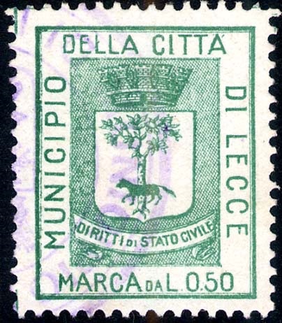 Marca da Bollo del Comune di LECCE su Carta Bianca di dimensioni 22 x 28,5 mm