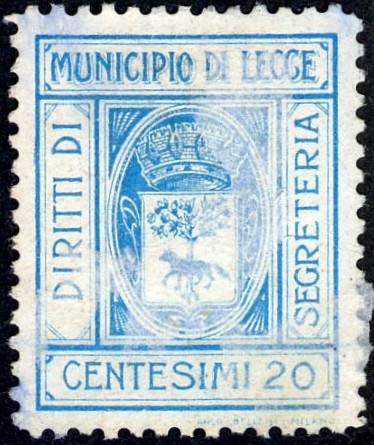 Marca da Bollo del Comune di LECCE su Carta Bianca di dimensioni 21 X 27 mm