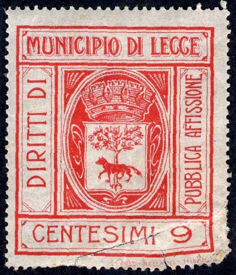 Marca da Bollo del Comune di LECCE su Carta Bianca di dimensioni 27,5 x 33 mm