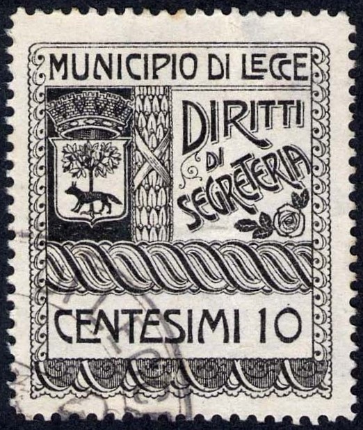 Marca da Bollo del Comune di LECCE su Carta Bianca di dimensioni 29,5 x 35 mm