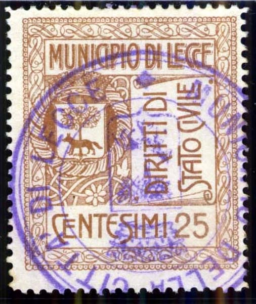 Marca da Bollo del Comune di LECCE su Carta Bianca Sottile di dimensioni 29,5 x 35 mm
