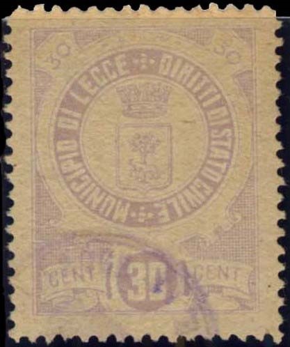 Marca da Bollo del Comune di LECCE su Carta Bianca di dimensioni 22,5 x 29 mm