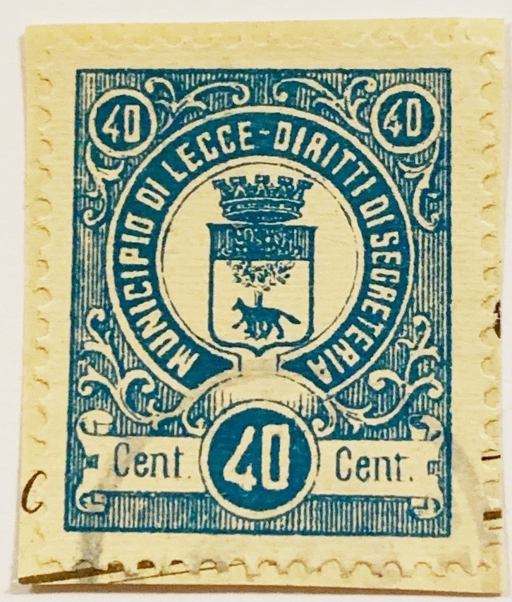 Marca da Bollo del Comune di LECCE su Carta Bianca di dimensioni 22,5 x 29 mm