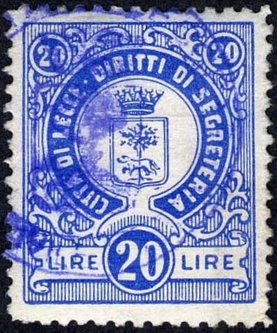 Marca da Bollo del Comune di LECCE su Carta Bianca di dimensioni 22 x 27 mm