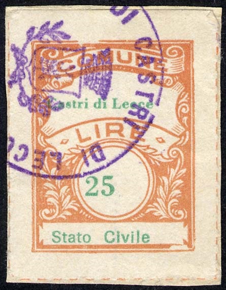 Marca da Bollo del Comune di LECCE su Carta Bianca Sottile di dimensioni 22,5 x 29 mm