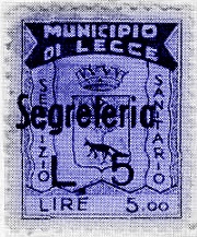 Marca da Bollo del Comune di LECCE su Carta Bianca di dimensioni 21,5 x 27 mm