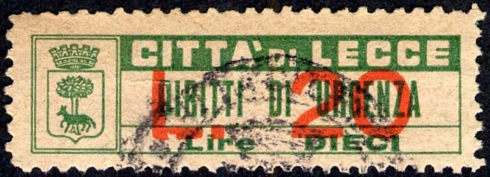 Marca da Bollo del Comune di LECCE su Carta Bianca di dimensioni 42 x 11,5 mm