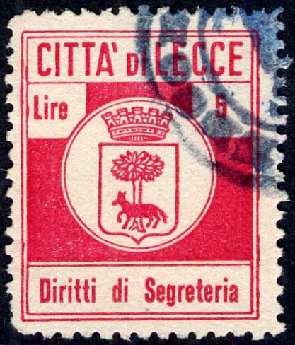 Marca da Bollo del Comune di LECCE su Carta Bianca di dimensioni 23 x 28 mm