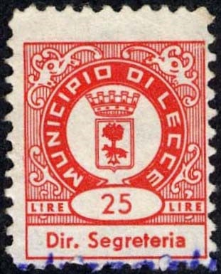 Marca da Bollo del Comune di LECCE su Carta Bianca di dimensioni 17 x 21 mm