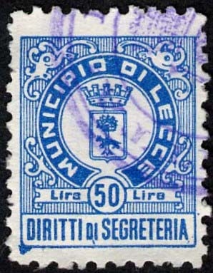 Marca da Bollo del Comune di LECCE su Carta Bianca di dimensioni 17,5 x 20 mm