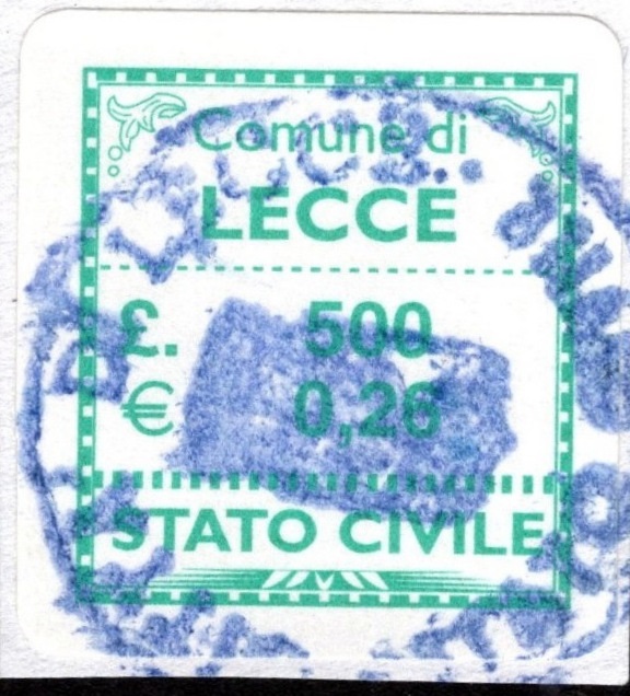 Marca da Bollo del Comune di LECCE su Carta Bianca di dimensioni 20 x 20 mm