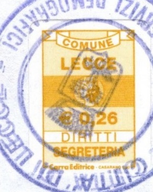 Marca da Bollo del Comune di LECCE su Carta Bianca di dimensioni 20 x 26 mm