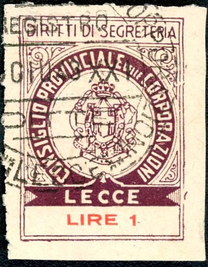 Marca da Bollo del Comune di LECCE su Carta Bianca di dimensioni 26 x 32 mm